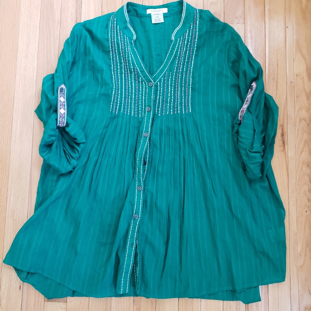 Roamans Womens Top 22W Boho Embroidered Green Relaxed Art Southwest Flowy Cotton